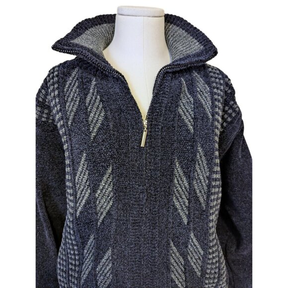 Retro Grandpa Sweater Cardigan Zip Up Velour Collared Navy Blue Size L Mens - Picture 4 of 13